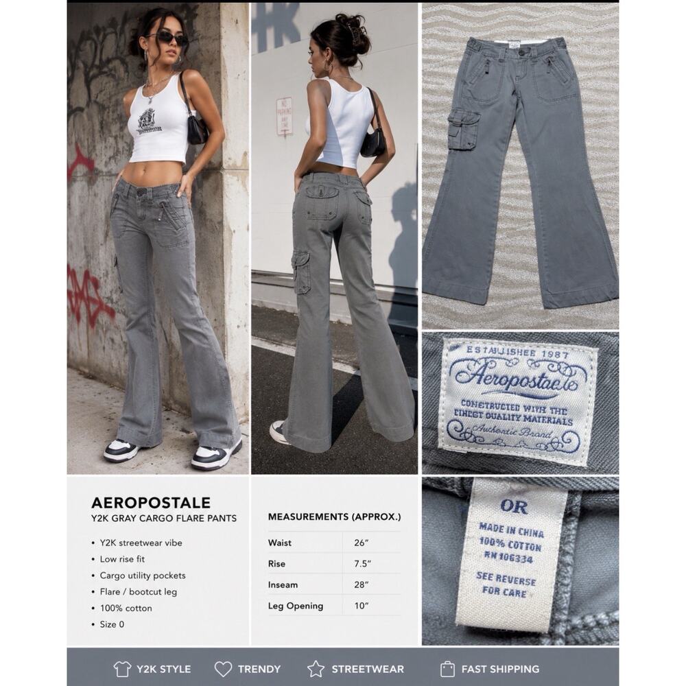 Aeropostale Grey cargo pants Low Rise Flared utility Y2K Size 0 Regular 27x28